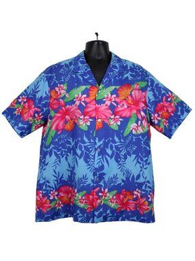 Royal Creations Hawaiian Aloha Shirt Button Up Hibiscus Blue Mens 80s Vtg XL